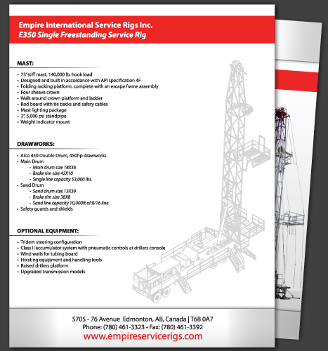 Print, Illustration, Photo Manipulation: E35 Single Freestanding Service Rig Specsheet (Back)