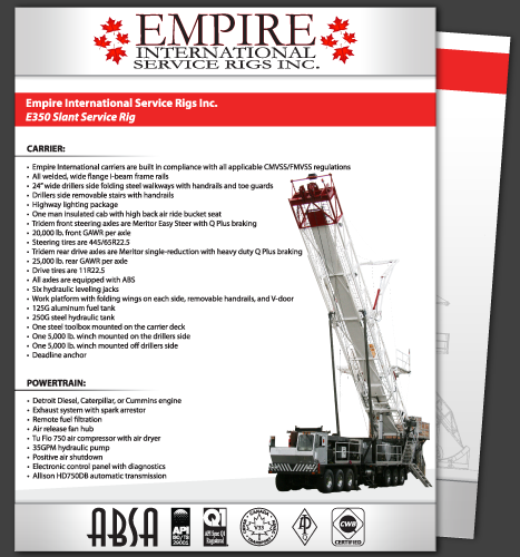 Print, Illustration, Photo Manipulation: E350 Slant Service Rig Specsheet (Front)