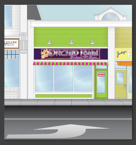 Print, Photo Manipulation Vector Illustration: Orchid Rain Storefront Illustration